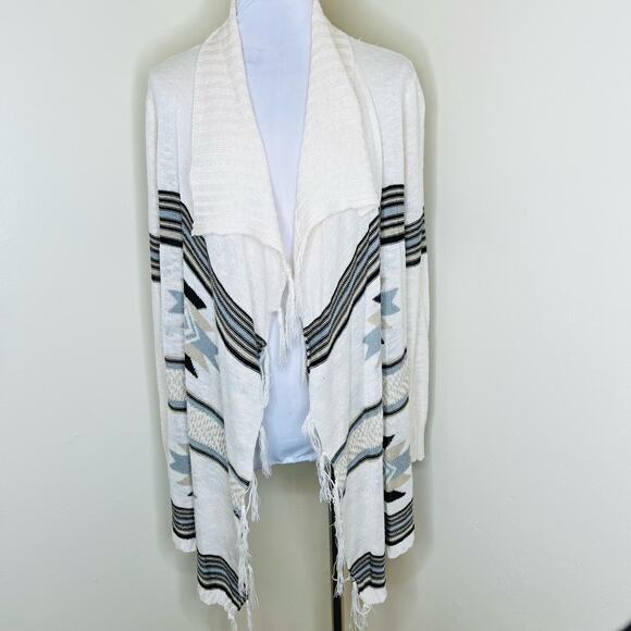 Love On A Hanger Cardigan Medium Cream Boho Aztec Southwestern Fringe Knit Open - Picture 1 of 5